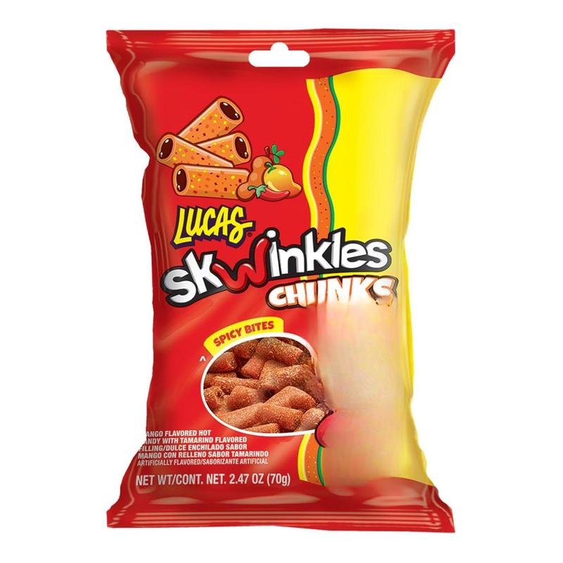 Lucas Skwinkles Chunks Candy Chunk Mango Flavored with Tamarind Filling 2.46oz 12 Pieces Pack Perfect for Snacks Parties USA Made