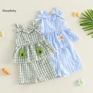 2Pcs Clothes Set Toddler Girl Summer Outfits Flower/Avocado Embroidery Plaid Bowknot Sleeveless Tank Tops Elastic Waist Shorts