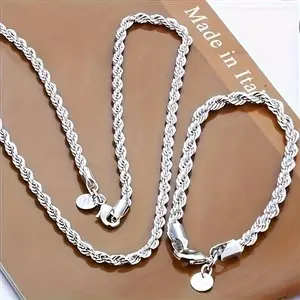 A Set of 2 925 Sterling Silver Twisted Rope Chain Necklace and Bracelet Simple Hip-hop Shiny Basic Chain Women's Jewelry Elegant Fashion Dainty Nurse Appreciation Gift