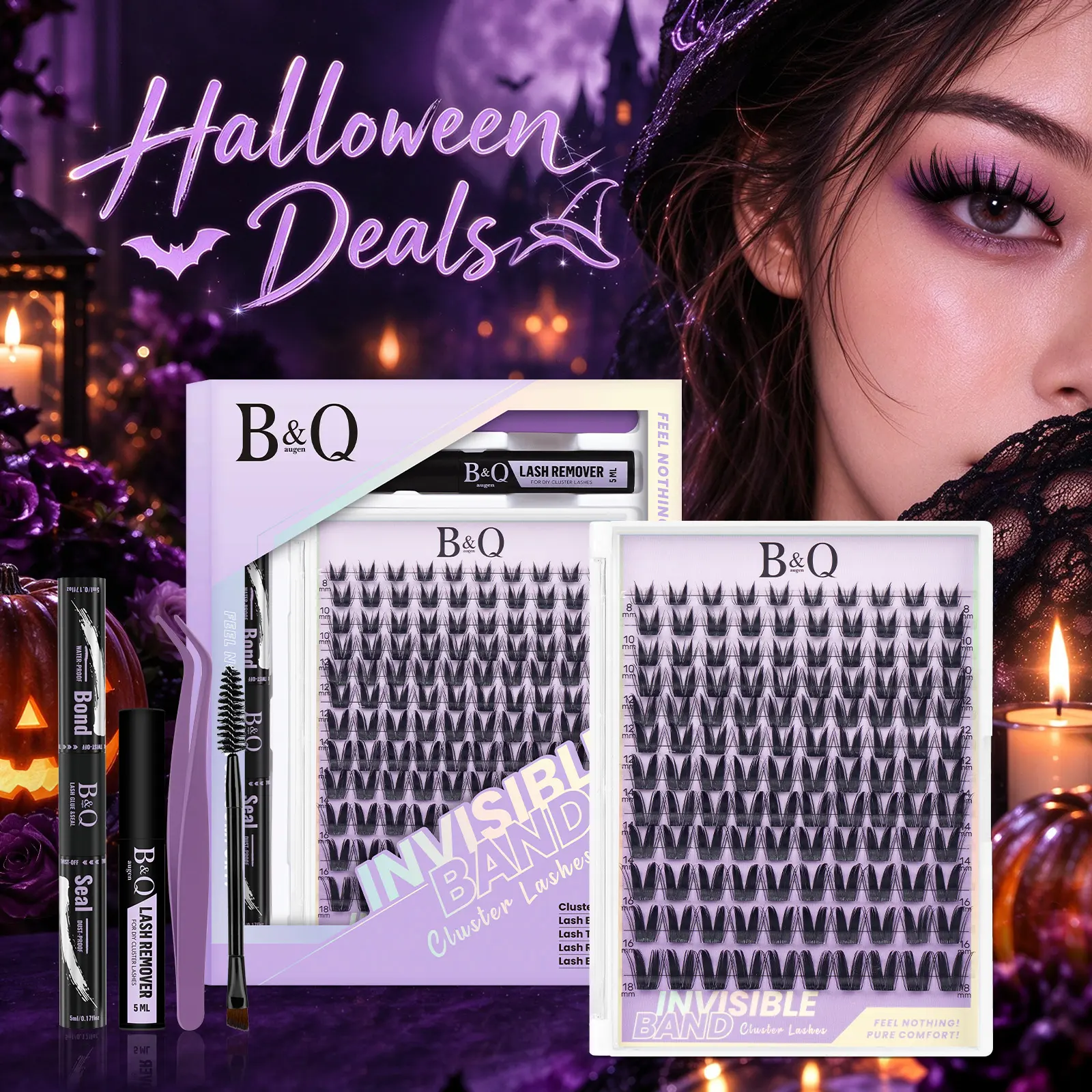 B&Q Bunny Manga Lashes Cluster Kit, 8-18mm C-Curl Self Adhesive Lash Clusters, Bond & Seal, Remover, DIY Eyelashes Extension, Waterproof Week-Lasting Wet Look Make Up for Vacation #Familyfun #Halloween