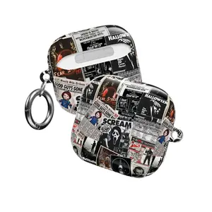 Movie Collage AirPods Case – Newspaper Poster Designs Featuring Horror Titles like Halloween, Friday the 13th, Scream & Fear Street, Fits AirPods Pro (Gen 1/2) & AirPods (Gen 1/2/3), Perfect Gift for Horror Movie Fan