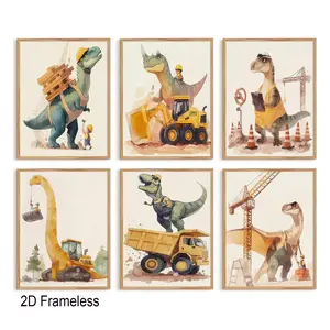 6-piece set, dinosaur-themed children's room wall art; canvas wall decor for boys' rooms; construction-themed posters for toddlers; children's dinosaur artwork; dinosaur truck images; children's art suitable for living rooms and bedrooms, frameless