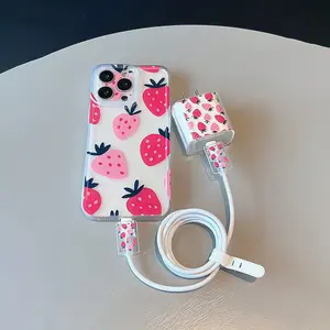 iPhone Case Set 5 Piece, Full Screen Strawberry Design, Shockproof Transparent Cover, Includes Charger Protector & Cable Organizer
