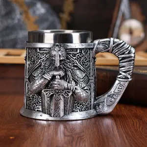 Viking Warrior Holding Sword Resin Beer Mug with Stainless Steel Liner, Gothic Norse Decorative Tankard, Unique Gift for Valhalla Fans