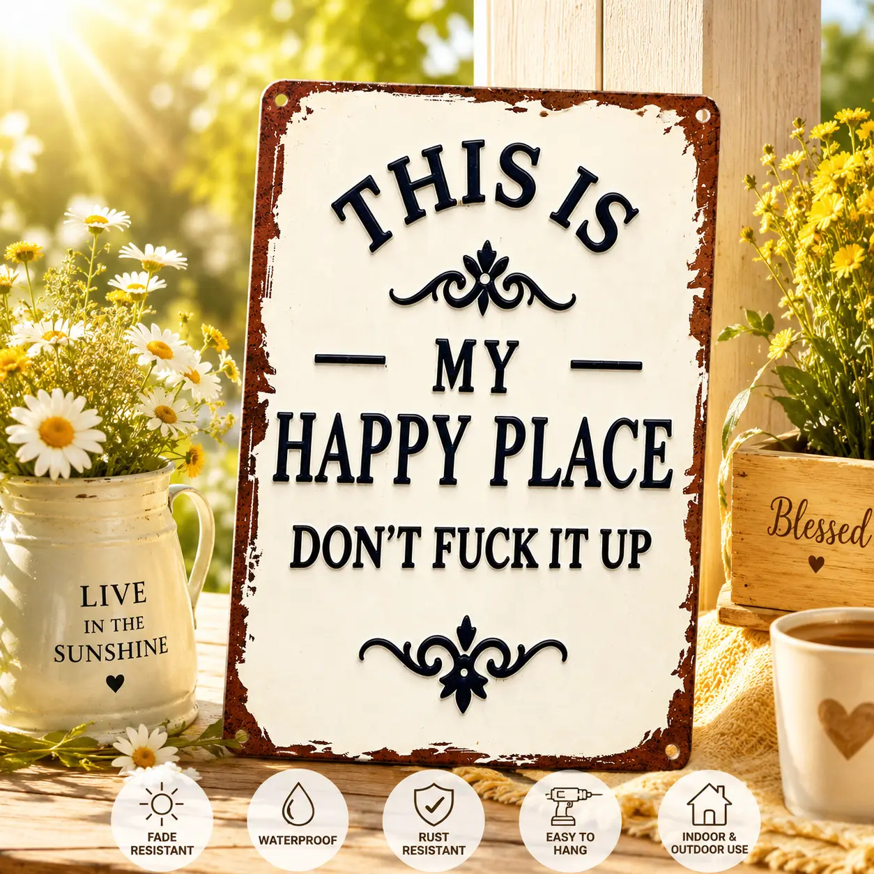 Waterproof Hanging "This Is My Happy Place Don't Fuck It Up" 8x12 in Aluminum Metal Sign, Funny Rustic Farmhouse Home Decor for Living Room, Man Cave, Water Proof