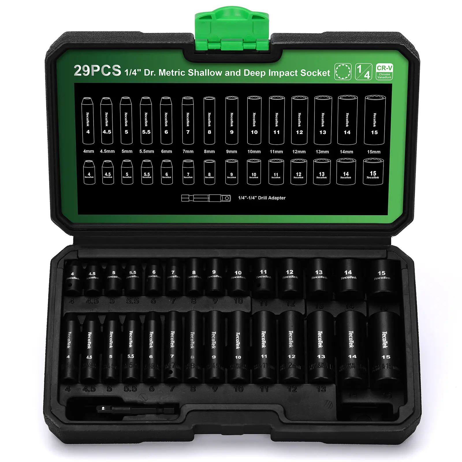 Tecotek 29-Piece 1/4-Inch Drive 12-Point Metal Impact Socket Metric Set - CR-V Shallow & Deep Hex Sockets (4-15mm), Drill Adapter, Work Tools, Father's Day Gift