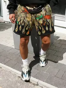Men's Camouflage Cargo Shorts with Flame Print Pockets, Streetwear Style for Summer Outdoor Adventures