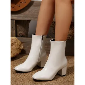 Women's PU Leather Square Toe Short Boots, High Heel Pointed Toe Ankle Booties, Side Zipper Design, Fashionable Work & Party Shoes