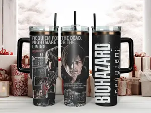 Resident Evil 9 Requiem 40oz Tumbler with Handle | Leon Kennedy Biohazard Insulated Travel Mug with Straw | Survival Horror Gamer Fan Gift Idea