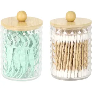 2 Pack Qtip Holder Dispenser for Cotton Swabs, Balls, Pads, Floss Picks- Small Clear Plastic Canister Apothecary Jar Set, Bathroom Storage Canister for Cotton Ball (Clear & Bamboo Lid, 2 Pack)