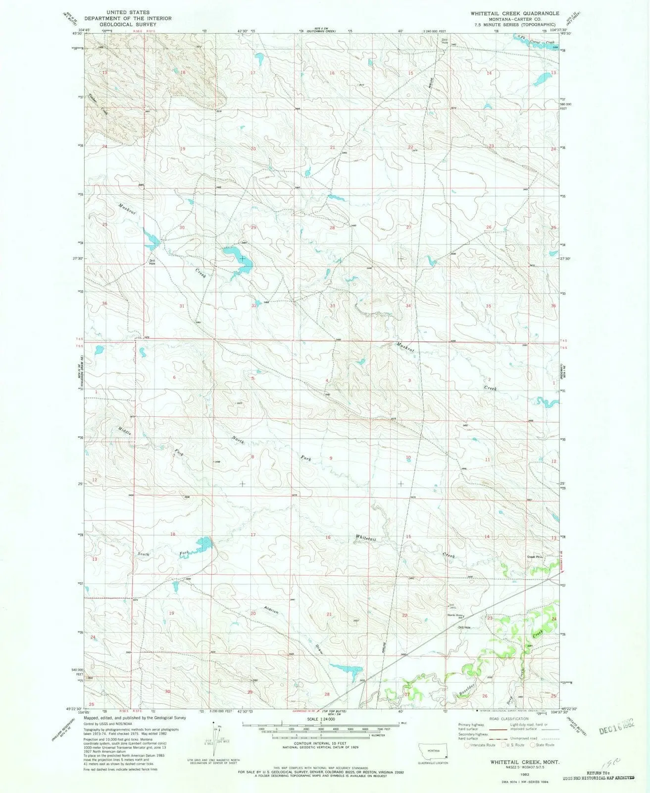 Whitetail Creek Montana USGS Topographic Quadrangle Map, 1982, 1:24000