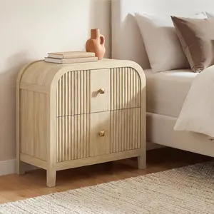 ModernMate 2-Drawer Nightstand - Modern Curved Fluted Side Table with Large Storage for Bedroom, Living Room, Natural Oak
