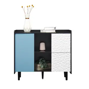 Dreamzon furniture Sideboard Buffet Cabinet, Black Storage Cabinet with Red Doors , 2 Drawers with unique panel styling and 2 Open Storage Compartment, Modern Coffee Bar Cabinet Accent Cabinet for Kitchen, Dining Room,Black+Blue
