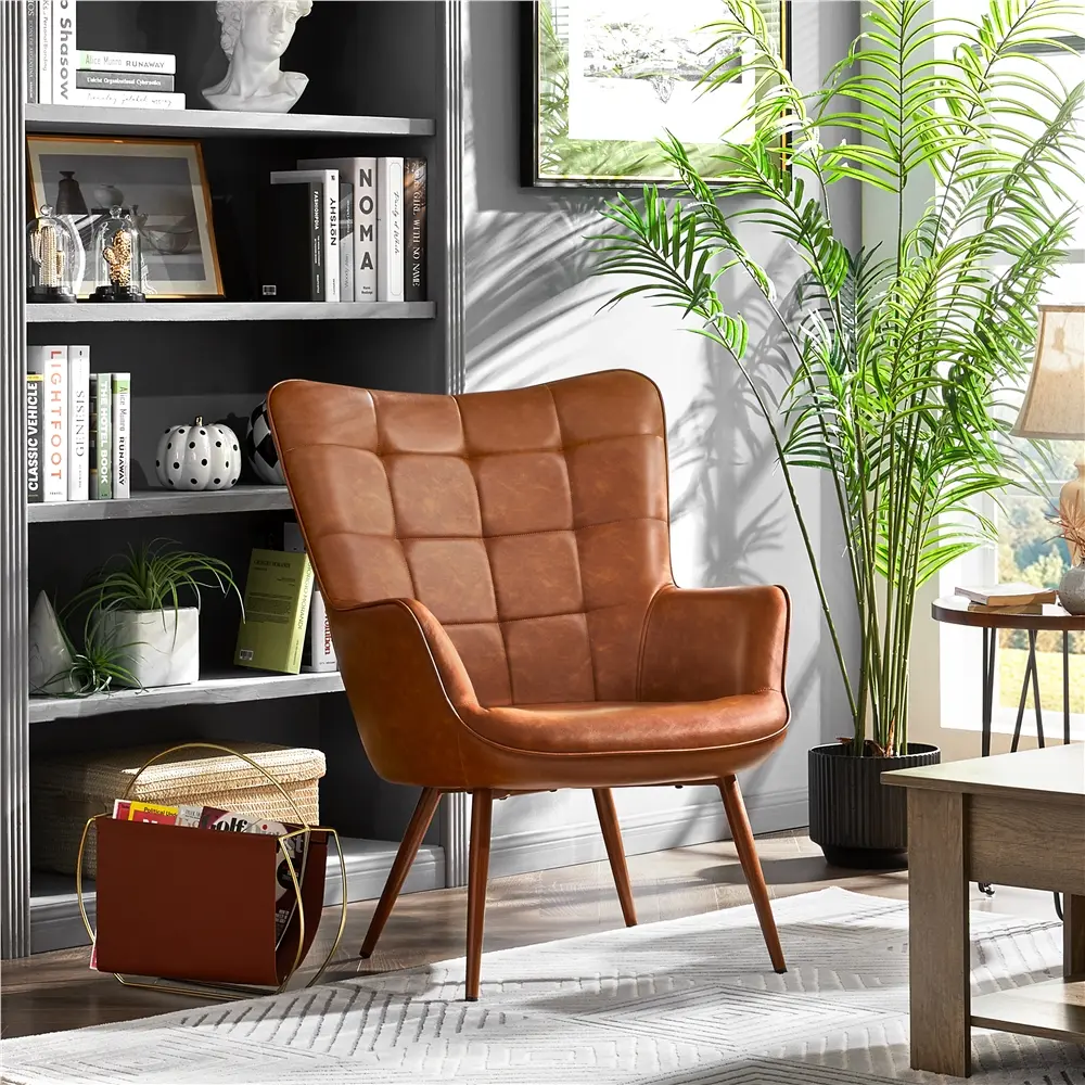 Yaheetech PU Leather High Back Living Room Furniture Accent Chair, Modern Oversized Padded Seat Armchair with Fixed Arms, Biscuit Tufting, Double-Stitched Seams, Durable Solid Metal Legs for Bedroom