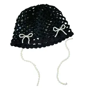 Retro Handmade Fishnet Crochet Head Wrap Hat, Elegant Pearl Bow Decor Knitted Cap, Lightweight Breathable Casual Hat for Outdoor Travel