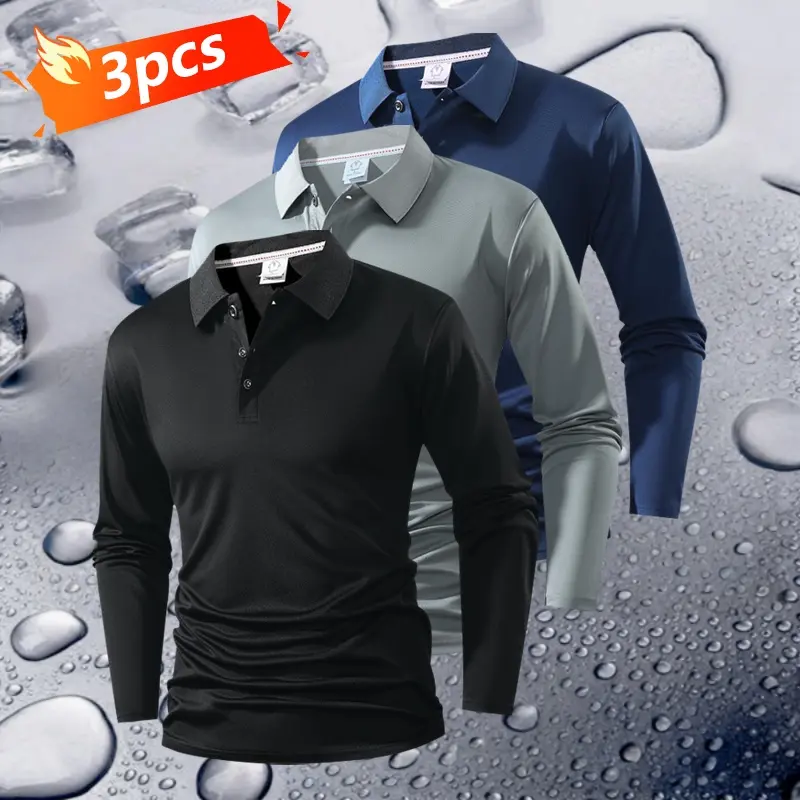 Men's Long Sleeve Polo Shirt 3pcs Set Simple Business Casual Style Comfortable Breathable Fabric Turn Down Collar Button Design for Daily Work Casual Outdoor Wear everyday commute polo bundle christmas tag