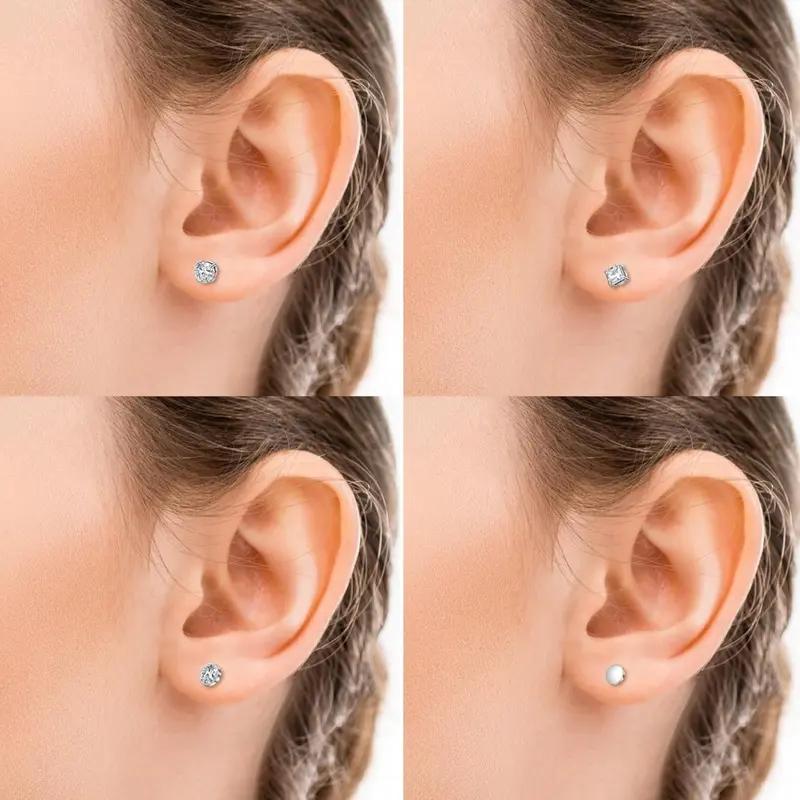 4 Pairs Stud Earrings Fake Cubic Zirconia Diamond Earrings for Women Men Silver summervibes