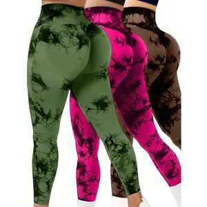 3 pack Tie Dye Print high waisted workout leggings for women scrunch rear lifting high waist tummy control yoga athletic wear.