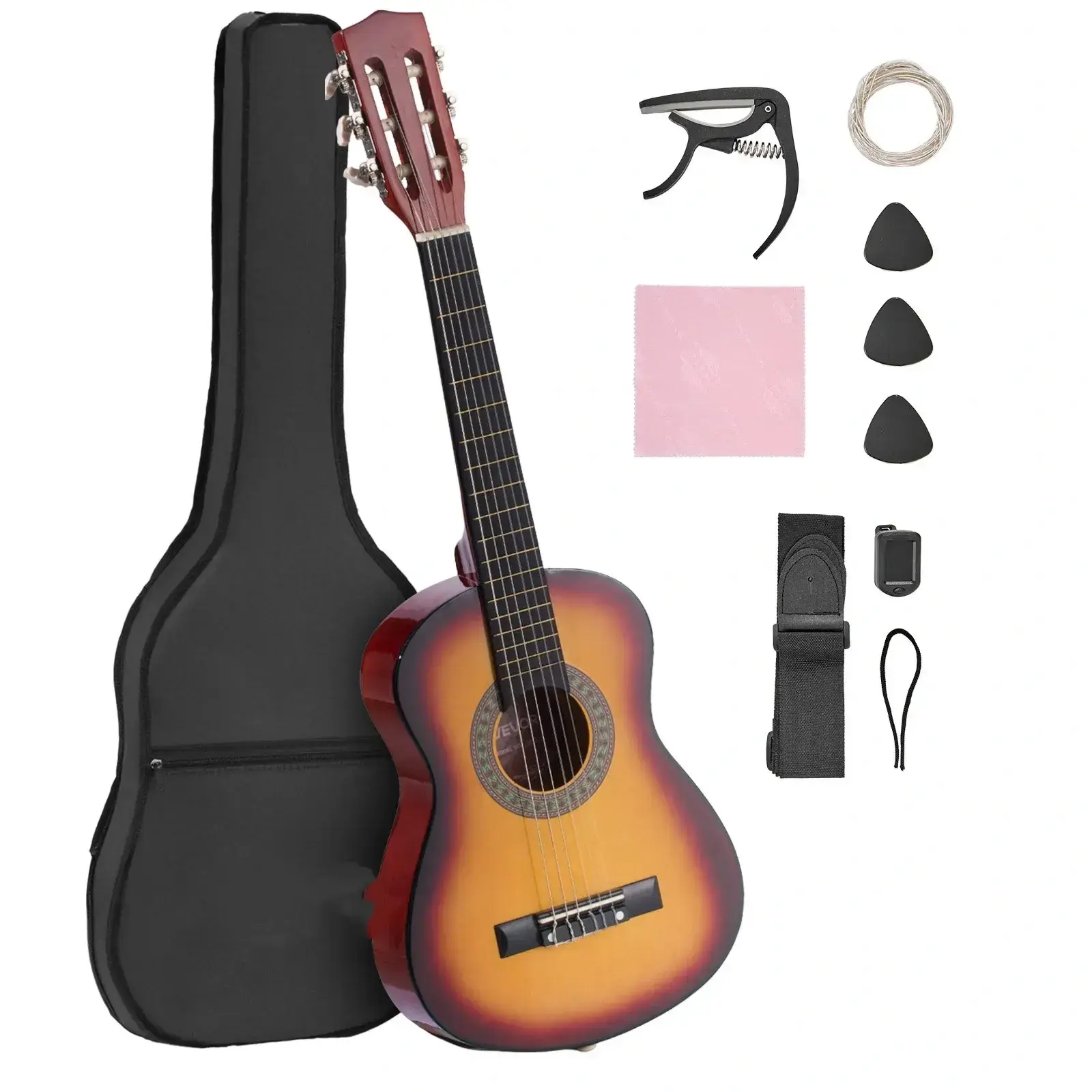 30-Inch Basswood Classical Guitar Starter Kit for Beginners & Kids - Nylon Strings, Gig Bag, Strap, Tuner, Extra Strings, Pick, Capo, Sunburst Finish