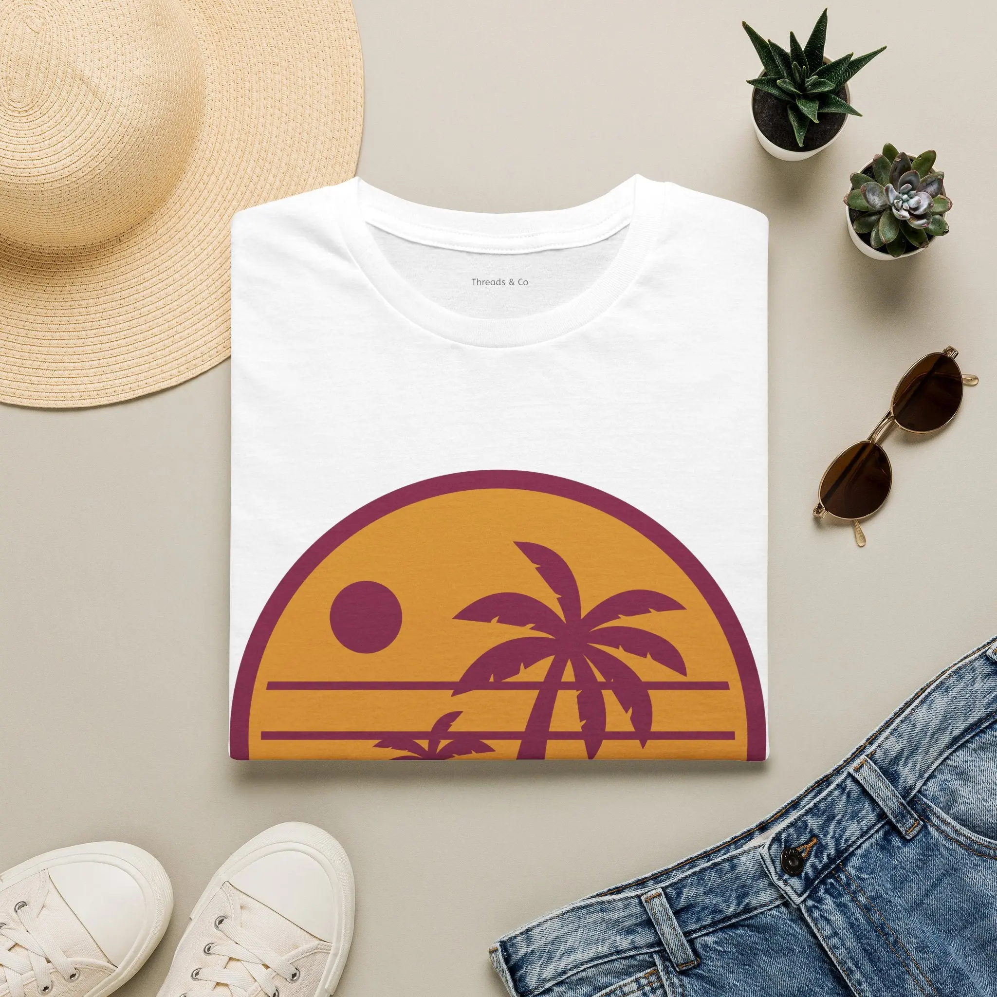 Threads & Co Men's Retro Short-Sleeve Cotton T-Shirt - Soft, Casual, Low Iron, Foldable Crew Neck, Flat Drape, Breathable, Ribbed, Classic, Printed Tropical Sunset Palm Graphic Beach Top
