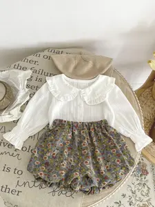 Girls' Ditsy Floral Woven Set, Cute Babydoll Collar Blouse & Layered Pants, Spring Autumn, Fitted Design, Cute Clothing Set