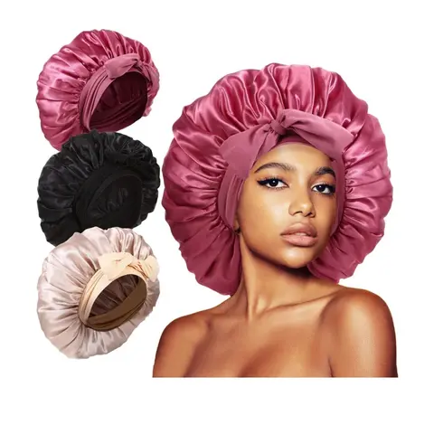 Women's 3-Pcs Satin Silk Sleep Bonnets Set - Adjustable Jumbo Tie-Band Haircare Cap, Moisture-Keeping Silk Sleep Cap for Curly Locks, Wavy Styles, All Hair Types Everyday Wear