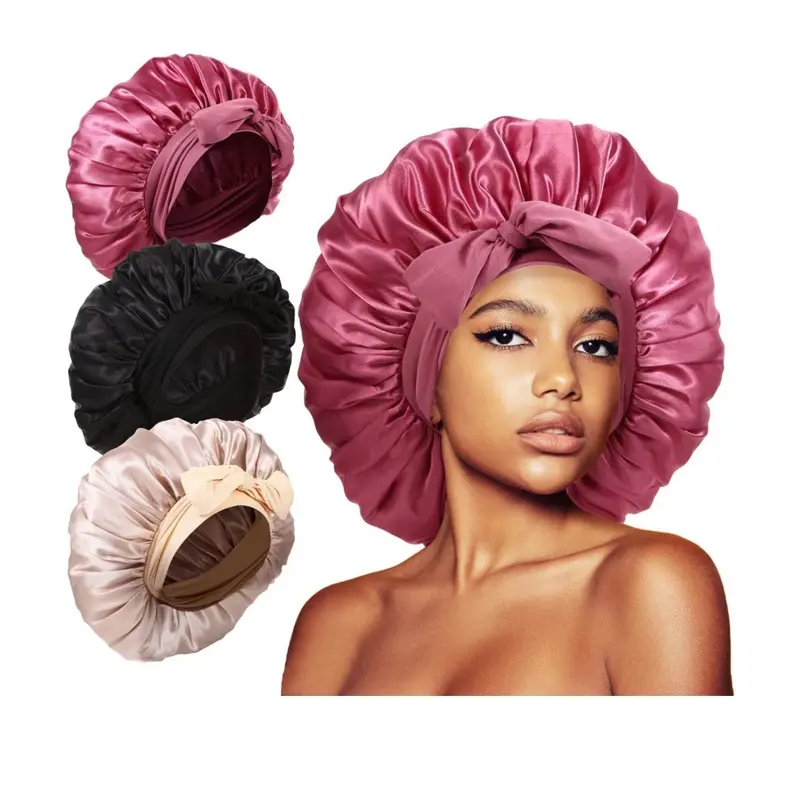 Women's 3-Pcs Satin Silk Sleep Bonnets Set - Adjustable Jumbo Tie-Band Haircare Cap, Moisture-Keeping Silk Sleep Cap for Curly Locks, Wavy Styles, All Hair Types Everyday Wear