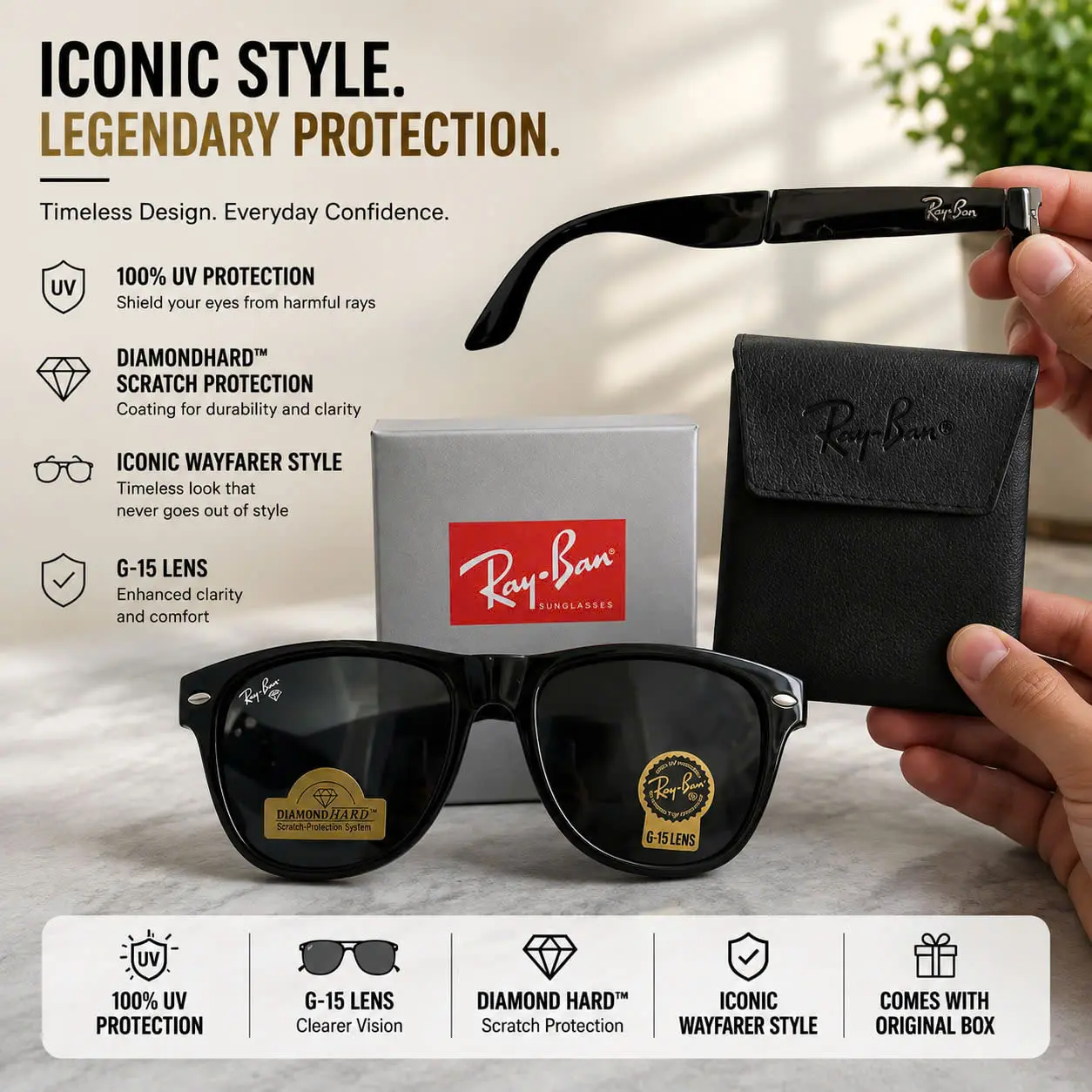 Ray-Ban Black Square Sunglasses – UV Protection Eyewear for Men & Women