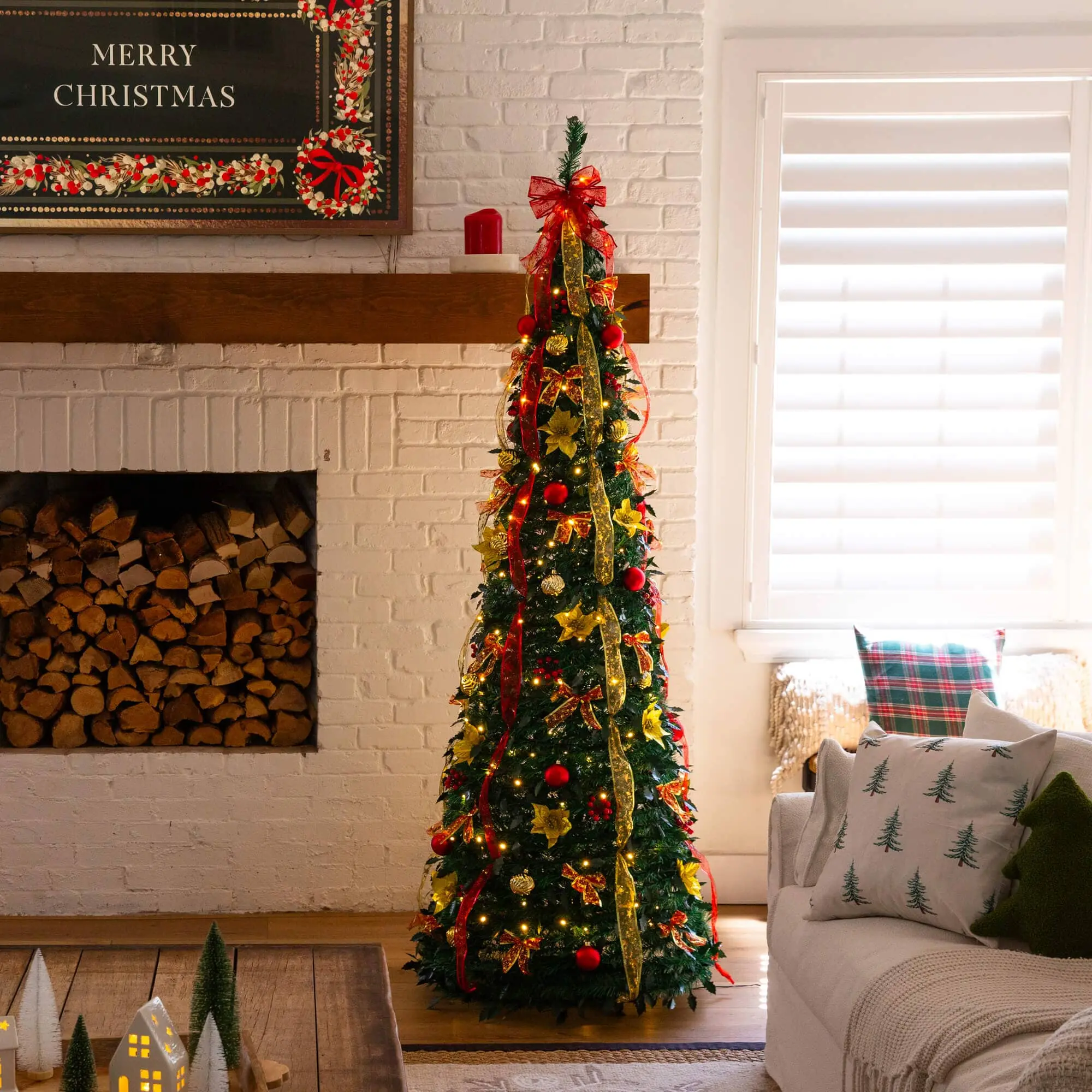 7ft Pre-Lit Modern Artificial Pop-Up Christmas Tree - Easy Install, Pre-Assembled Full Shape Holiday Festive Decor with Red & Gold Ornaments, Ribbons, 180 Warm White LED Lights, Room Decor, 7-Foot