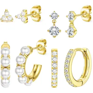 4 Pairs 14K Gold Plated Pearl Hoop Earrings Set - Sterling Silver Post Huggie Hoops & Cartilage Studs for Women Multiple Piercings