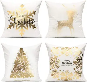 Set of 4 White Gold Christmas Cushion Covers 18x18 | Velvet Throw Pillow Cases for Winter Holiday Décor | Snowflake, Reindeer & Tree Designs