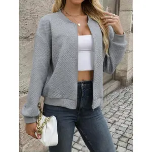 [Polyester Blend, Elegant Jacket] Chic Polyester Blend Women's Zip-Up Jacket - Elegant & Casual Style with Baseball Collar, Long Sleeves, Machine Washable - Perfect for Fall/Winter Fashion