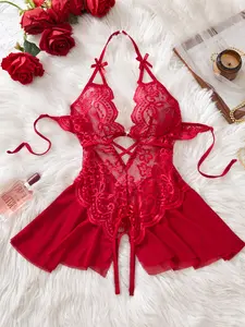 YIAII Women's Sexy Floral Lace Skirted Teddy Bodysuit, Criss Cross Strappy Deep V One Piece Lingerie