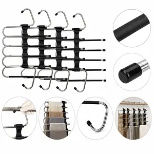 4 Pack 5 Tier Pants Hangers Space Saving Closet Organizer Heavy Duty Stainless Steel Jeans Hanger with 20 Clips for Trousers Leggings Scarves Closet Storage Black
