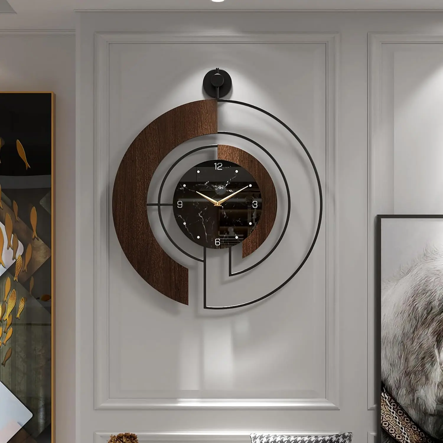 Modern Walnut Marble Dial Wall Clock, Large  Metal Frame Silent Non Ticking Wall Clocks for Living Room, Bedroom Decoration, Contemporary  Wall Decor  Idea, 22 in