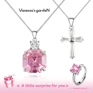 Vanessa's gardeN 18K White Gold Plated Layered Cross & Pink CZ Pendant Necklace | Pink Halo Collection 2.0 | Gift for Her
