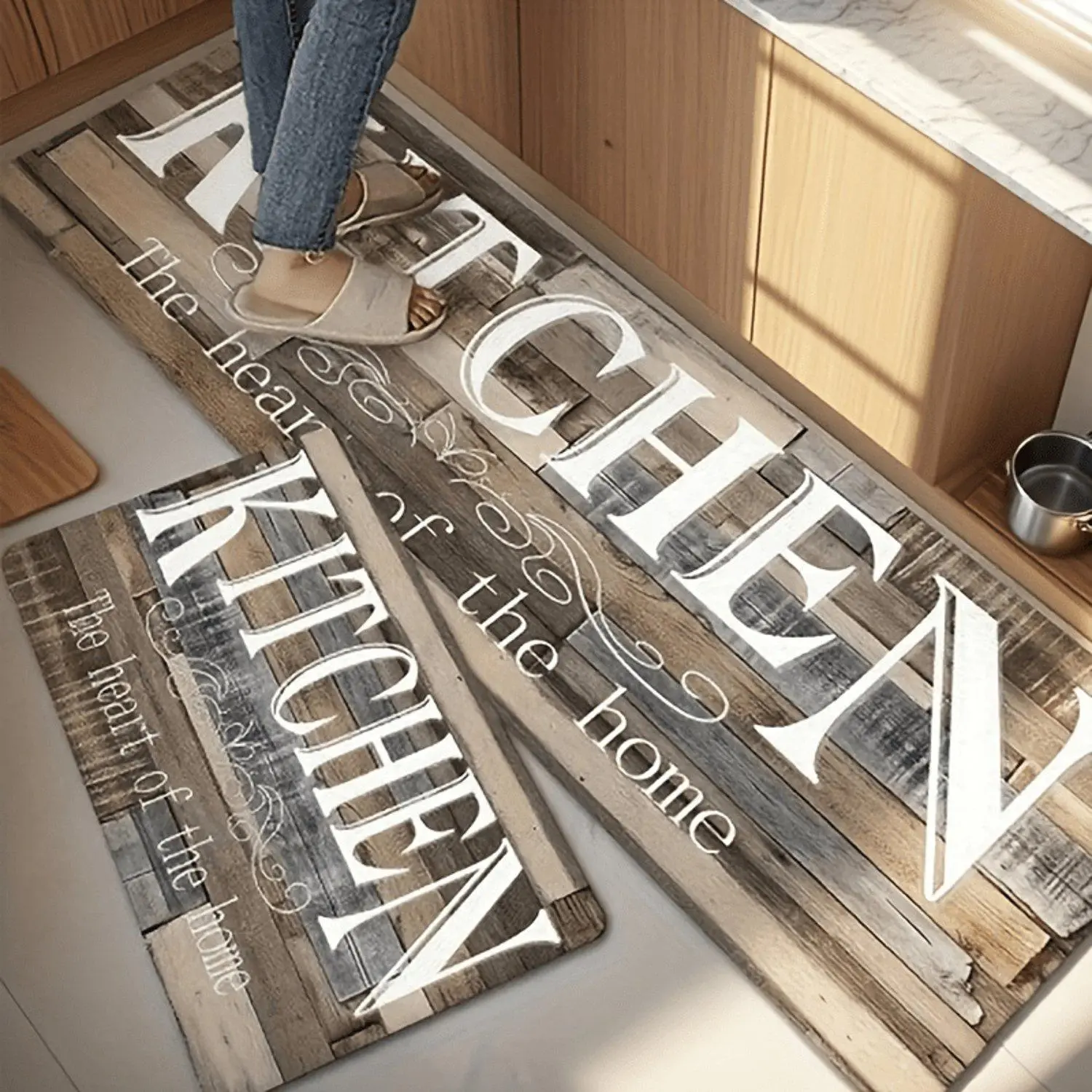 Flannel Kitchen Mat Vintage Wooden Board KITCHEN Letter Print Absorbent Non-Slip Floor Rug Washable Anti Fatigue Doormat for Kitchen Entrance Home Decor
