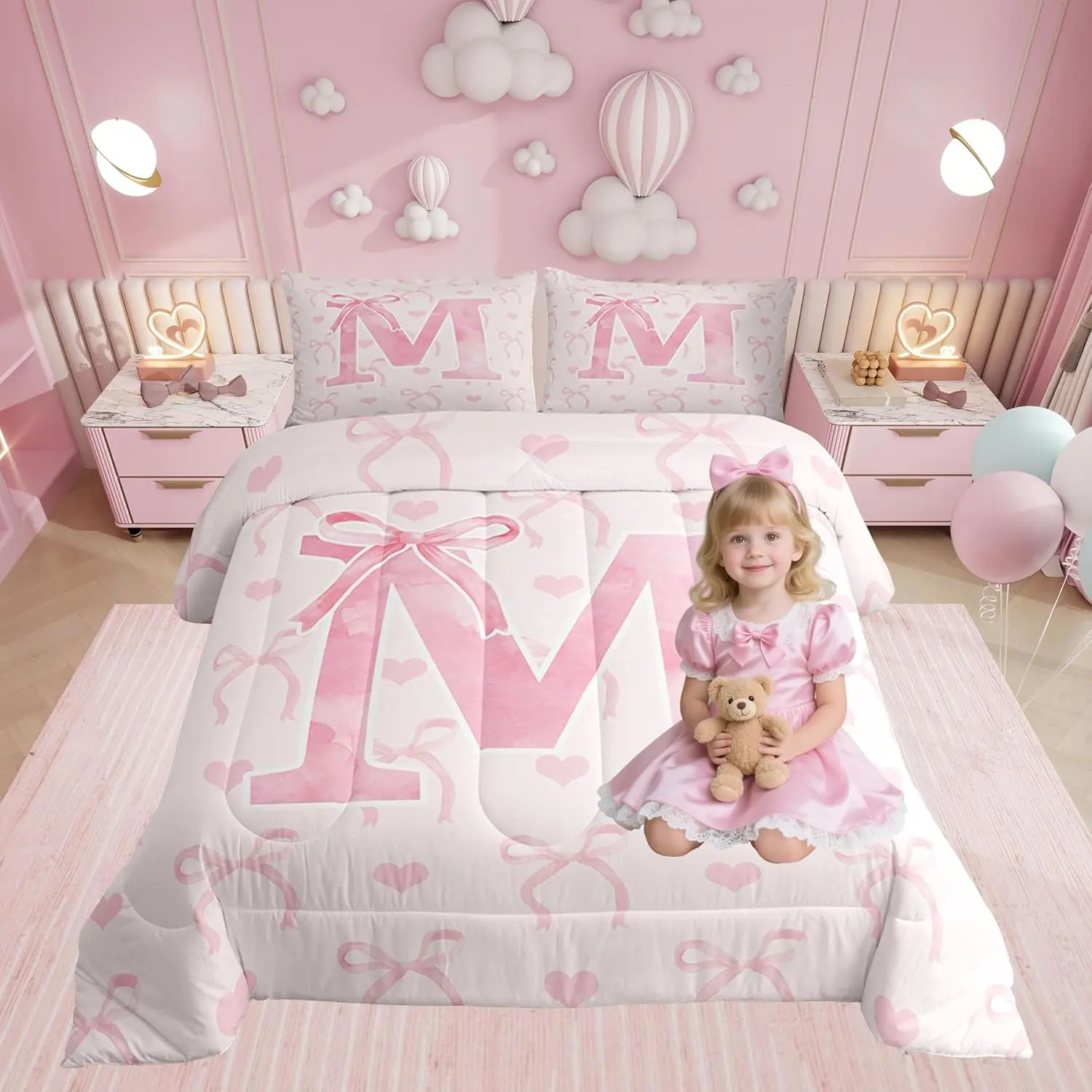 Feelyou Initial Letter A-Z Polyester Printed Cute Bedding Set - Soft Breathable Blanket, Bow & Love Hearts Artwork Duvets, Queen/King & Multi-Size Sheets for Teen Girls' Bedroom Setup