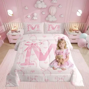 Initial Letter A-Z Comforter Set for Women Teen Girls,Pink M Alphabet Bedding Set,Romantic Bow Comforter,Cute Love Hearts Aesthetic Fairy Duvet Quilt