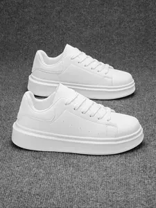 Men's Simple Fashion Solid Color Leather Patch Front Lacing Shoes, Daily Student Versatile Commute Neutral Couple Outdoor Sports Skateboard Shoes