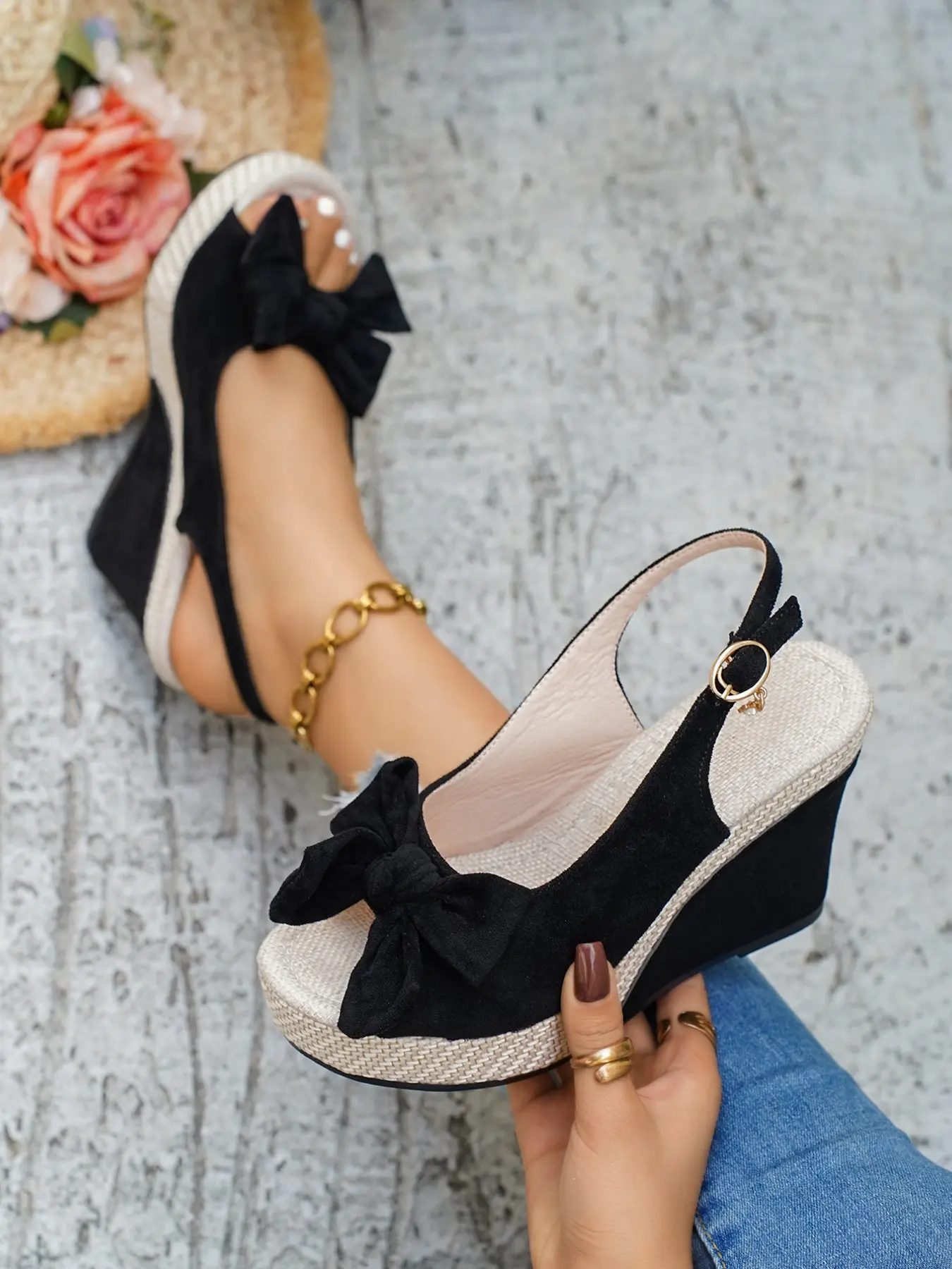 Women's Vintage Bow Braided Wedge Sandals, One-Piece Buckle Waterproof Platform High Heels, Elegant Stylish Classy Fashion Casual Shoes