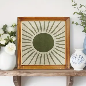 [2D Flat] 8x8 Inch Bohemian Sun and Moon Canvas Wall Art with Wooden Frame - Olive Green Abstract Print, Perfect for Living Room and Bedroom Decor, Sun Decor