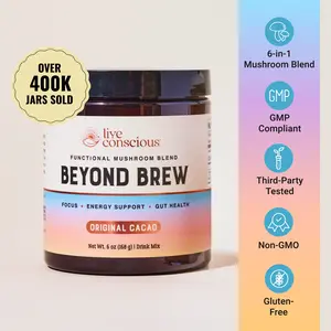Live Conscious Beyond Brew - 6-in-1 Functional Mushroom Blend, Powder Drink Mix - Low Caffeine Alternative - Pre & Probiotic Gut Support