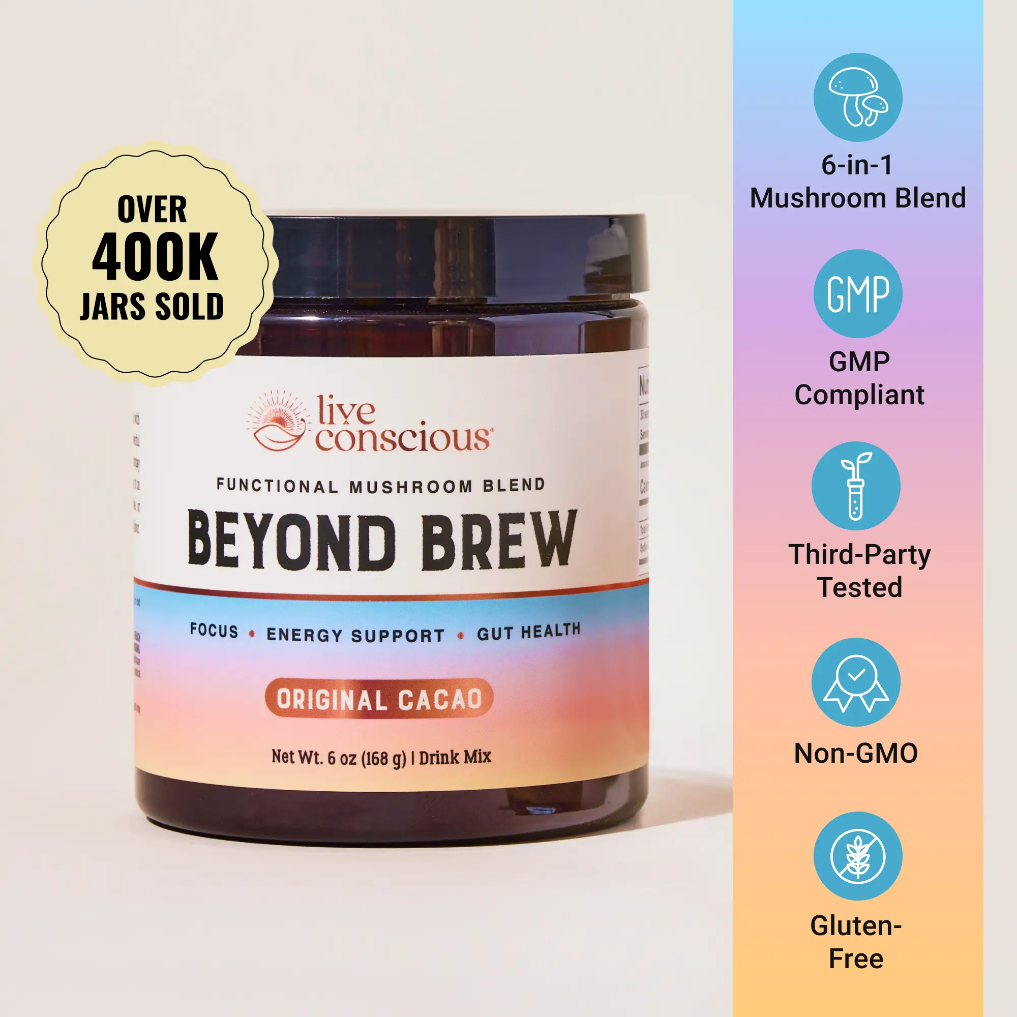 Live Conscious Beyond Brew - Functional Mushroom Blend, Powder Drink Mix - Low Caffeine Alternative - Pre & Probiotic Gut Support