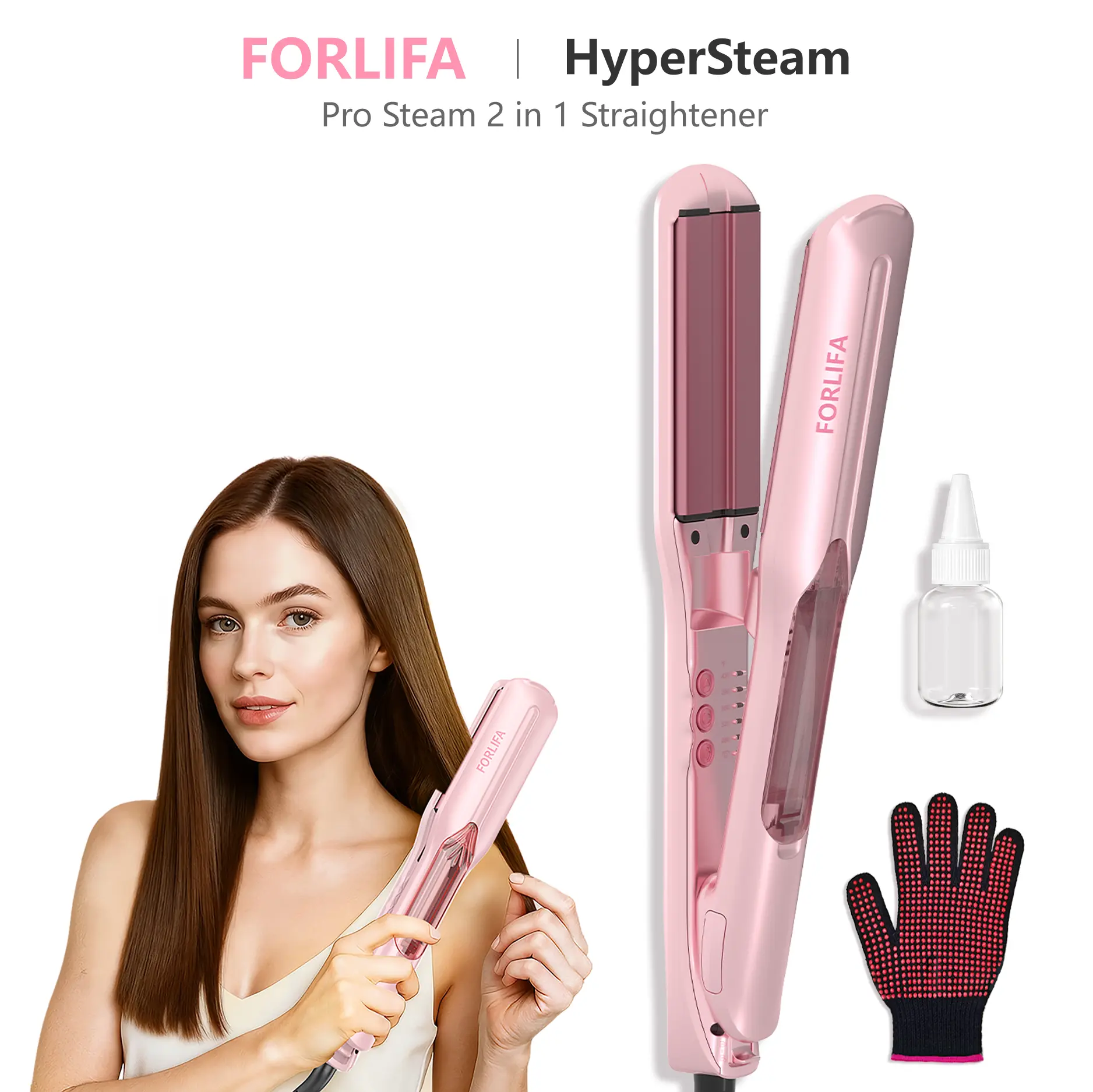 FORLIFA-HyperSteam: Pro Steam 2 in 1 Straightener with 1.5-inch Cool Mist Infrared Technology, 3-in-1 Functionality, 5 Temperature Settings for Healthy Frizz-Free Hair, 30-Minute Auto Shut-Off, Keratin Straightening Kit Curling Set,Summervibes