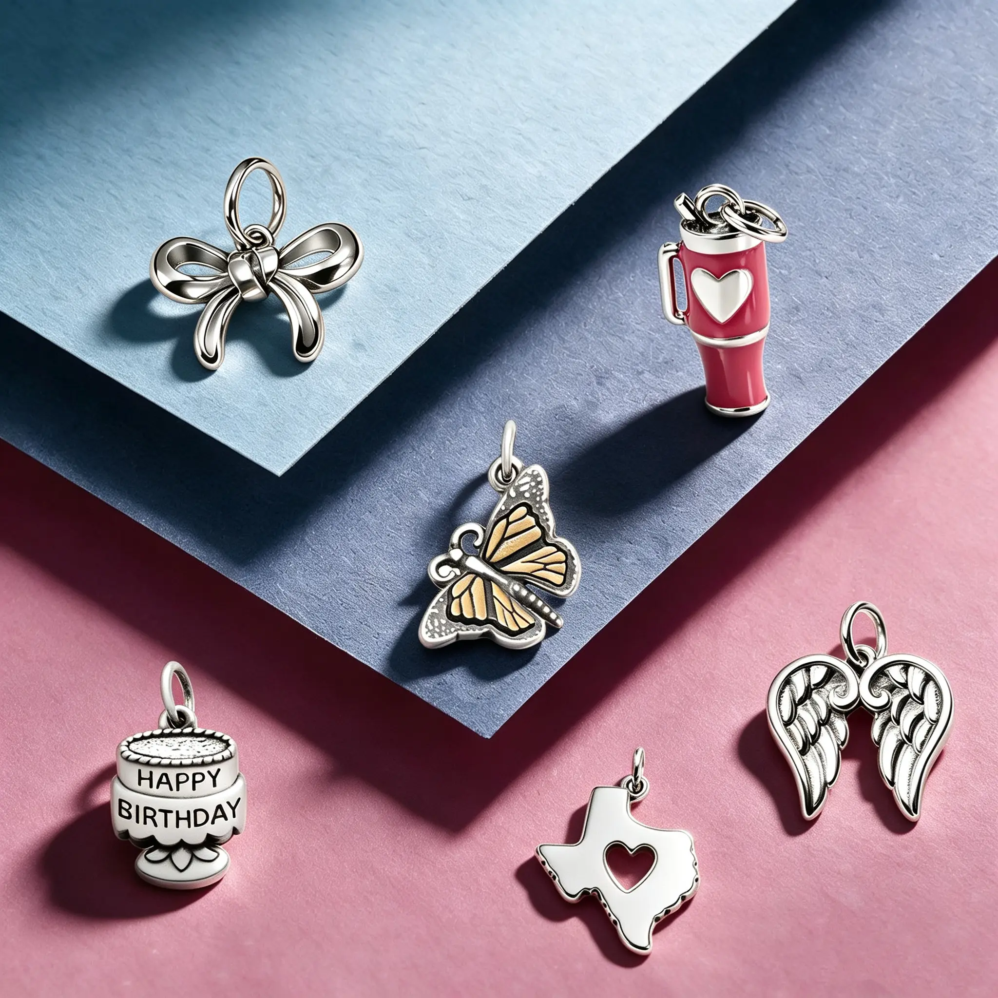 Female Geometric Silver Metal Coating Charm Pendants - Texas Heart, Angel Wings, Bow, Butterfly, Birthday Cupcake Dangles for Everyday Jewelry Making & Gifting