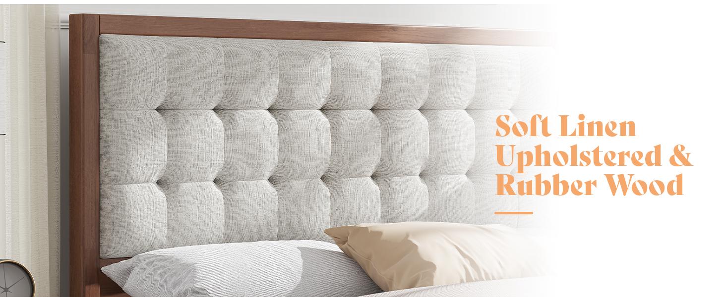 AMERLIFE Solid Wood Platform Bed Frame with Upholstered Tufted Headboard/Solid Wood Foundation, Pull-spot Tufted Handcraft, No Box Spring Needed, Bedroom Furniture/Best Gift Ideas/Christmas Gifts