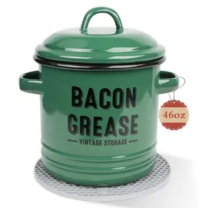 Enamel Bacon Grease Container with Lid & Insulated Pad, Vintage Kitchen Cooking Oil Storage Container, Food Storage Pot for Home Kitchen, Summer for Gift