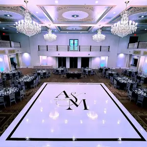 Complete custom decal dance floor wrap gloss white removable vinyl w/ printed center monogram logo initials, names and border trim design