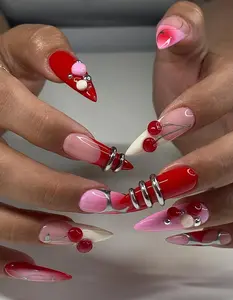 Cherry Bomb Press On Nails | Red & Pink Fruit-Inspired Nail Art | Handmade 3D Stiletto Nail Set | Cute Fruit-Inspired Nails | DC798H